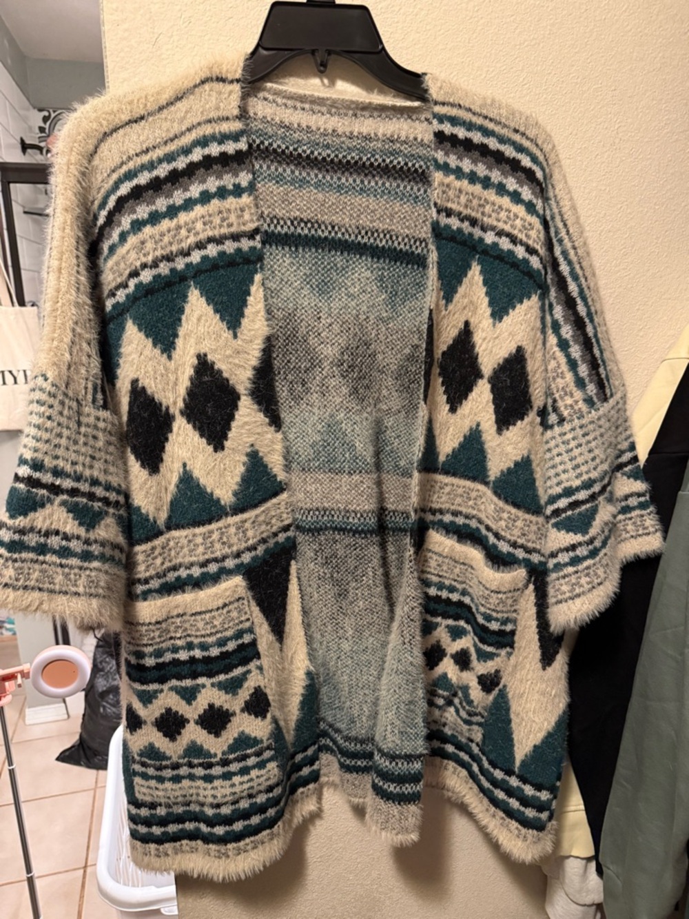 Three Bird Nest Teal & Cream Geometric Open Cardigan